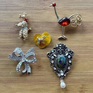 Mixed Vintage Brooch Lot - Gold, Silver, Yellow, Red, Amber, Enamel